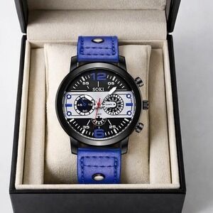 SOKI Mens Sport Quartz Watch Black Blue Leather Strap Military Racing Style NEW